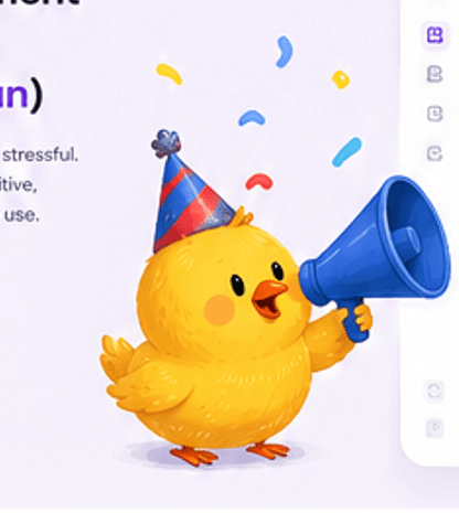 A chick celebrating a finished sprint with a megaphone