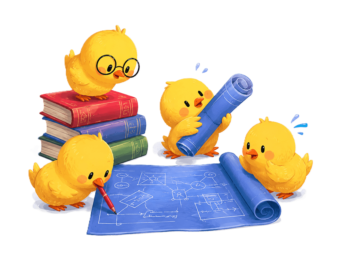 Chicks looking at blueprints