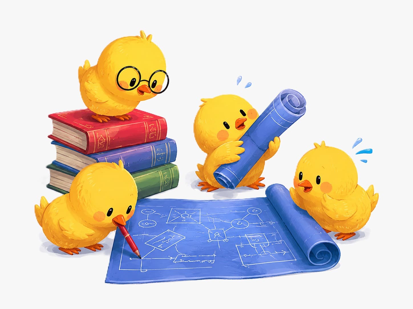 A team of chicks reviewing project blueprints together